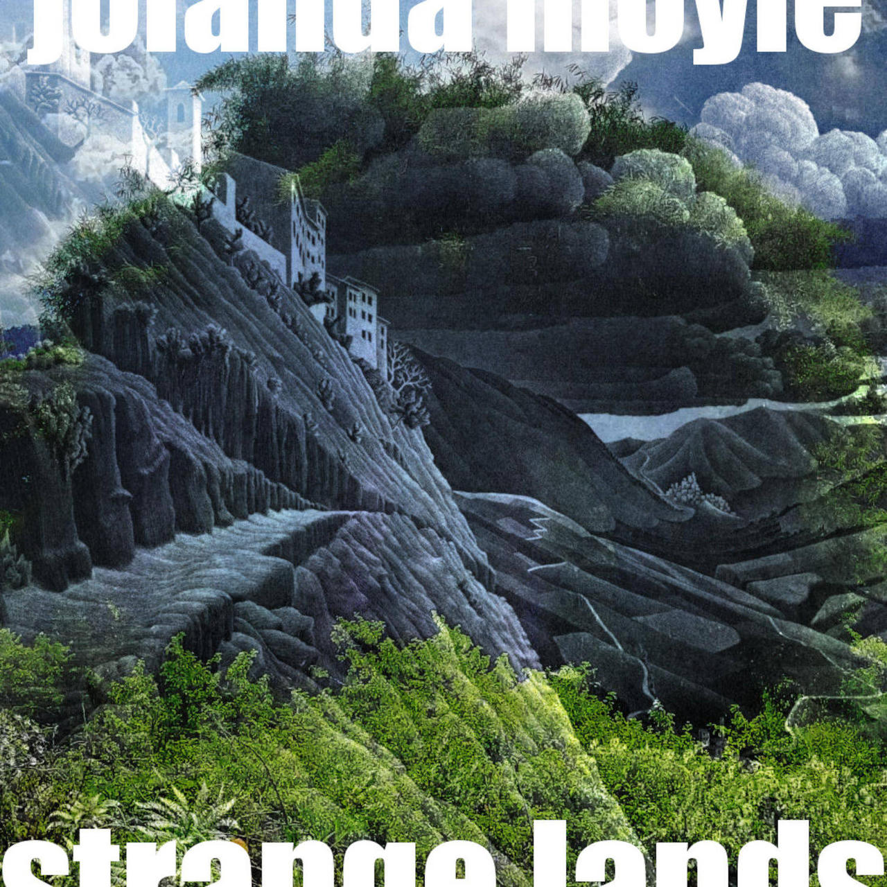 A surreal juxtaposition of trees and an impressionistic landscape.